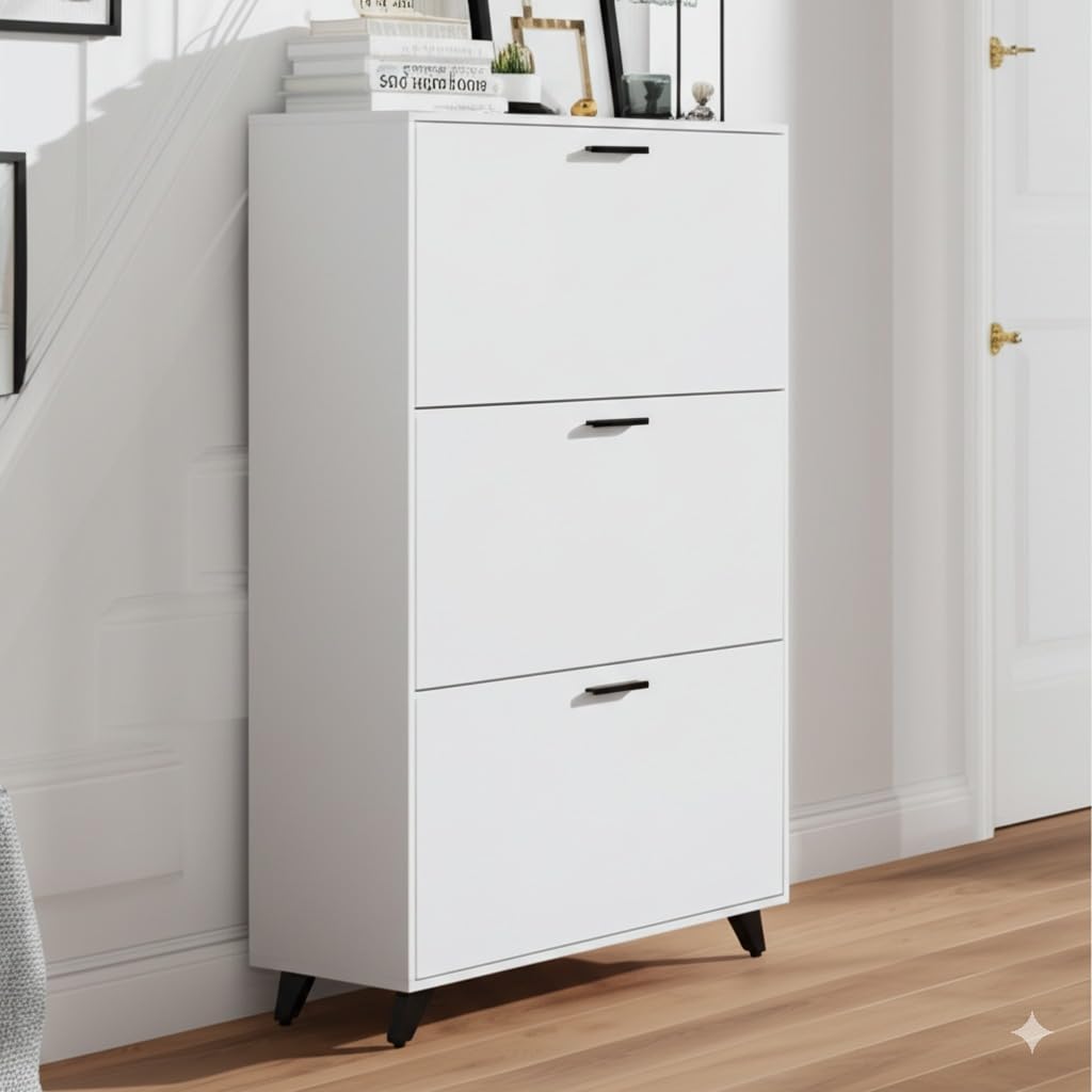 Anystyle White Shoe Storage Cabinet for Large Shoes, 3-Tier Adjustable Flip-Door Organizer, Space-Saving Wooden Cabinet for Entryway, Closet, Living Room, 31.5" W x 49.2" H
