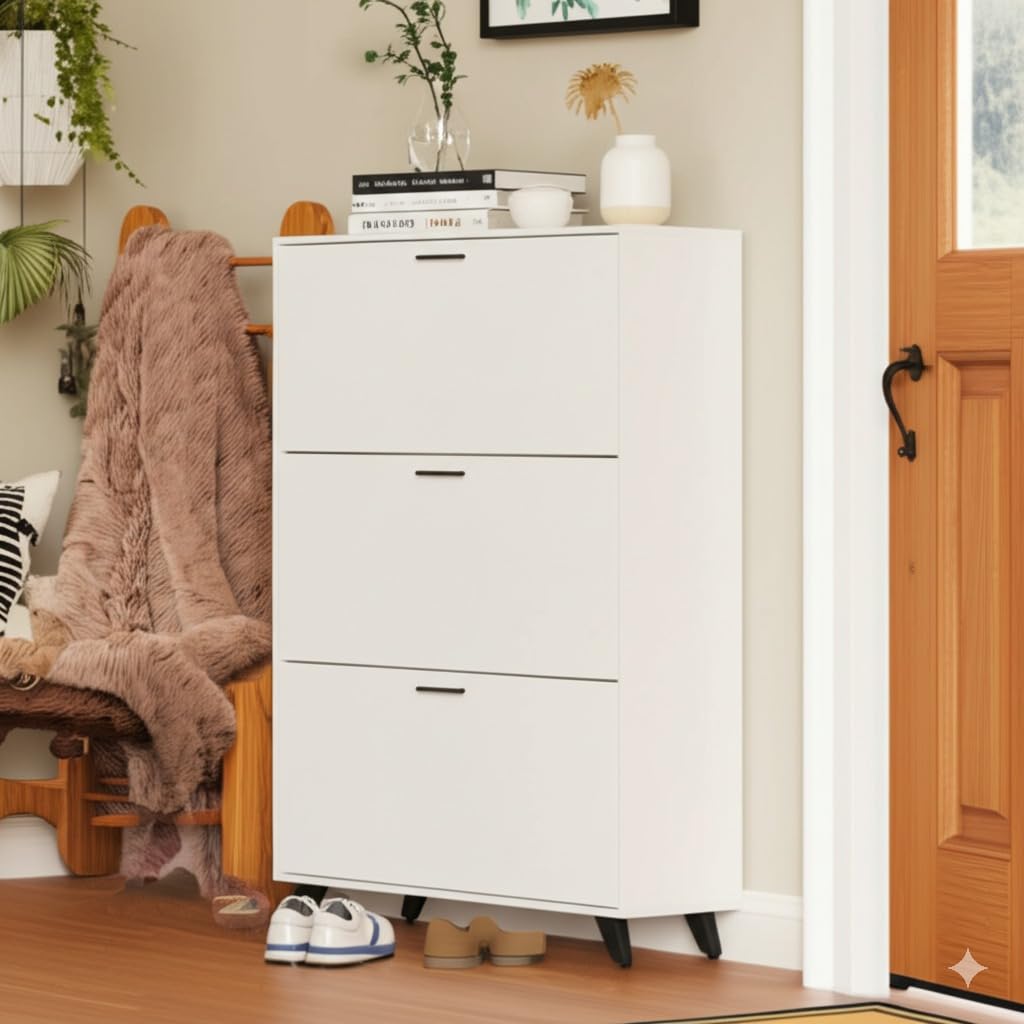 Anystyle White Shoe Storage Cabinet for Large Shoes, 3-Tier Adjustable Flip-Door Organizer, Space-Saving Wooden Cabinet for Entryway, Closet, Living Room, 31.5" W x 49.2" H