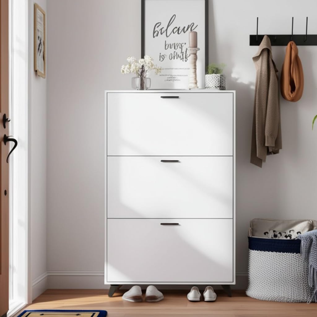 Anystyle White Shoe Storage Cabinet for Large Shoes, 3-Tier Adjustable Flip-Door Organizer, Space-Saving Wooden Cabinet for Entryway, Closet, Living Room, 31.5" W x 49.2" H