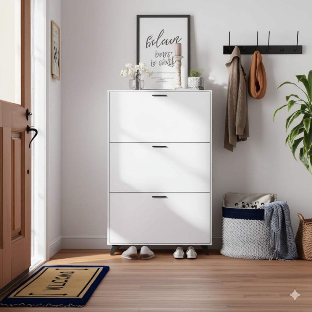 Anystyle White Shoe Storage Cabinet for Large Shoes, 3-Tier Adjustable Flip-Door Organizer, Space-Saving Wooden Cabinet for Entryway, Closet, Living Room, 31.5" W x 49.2" H
