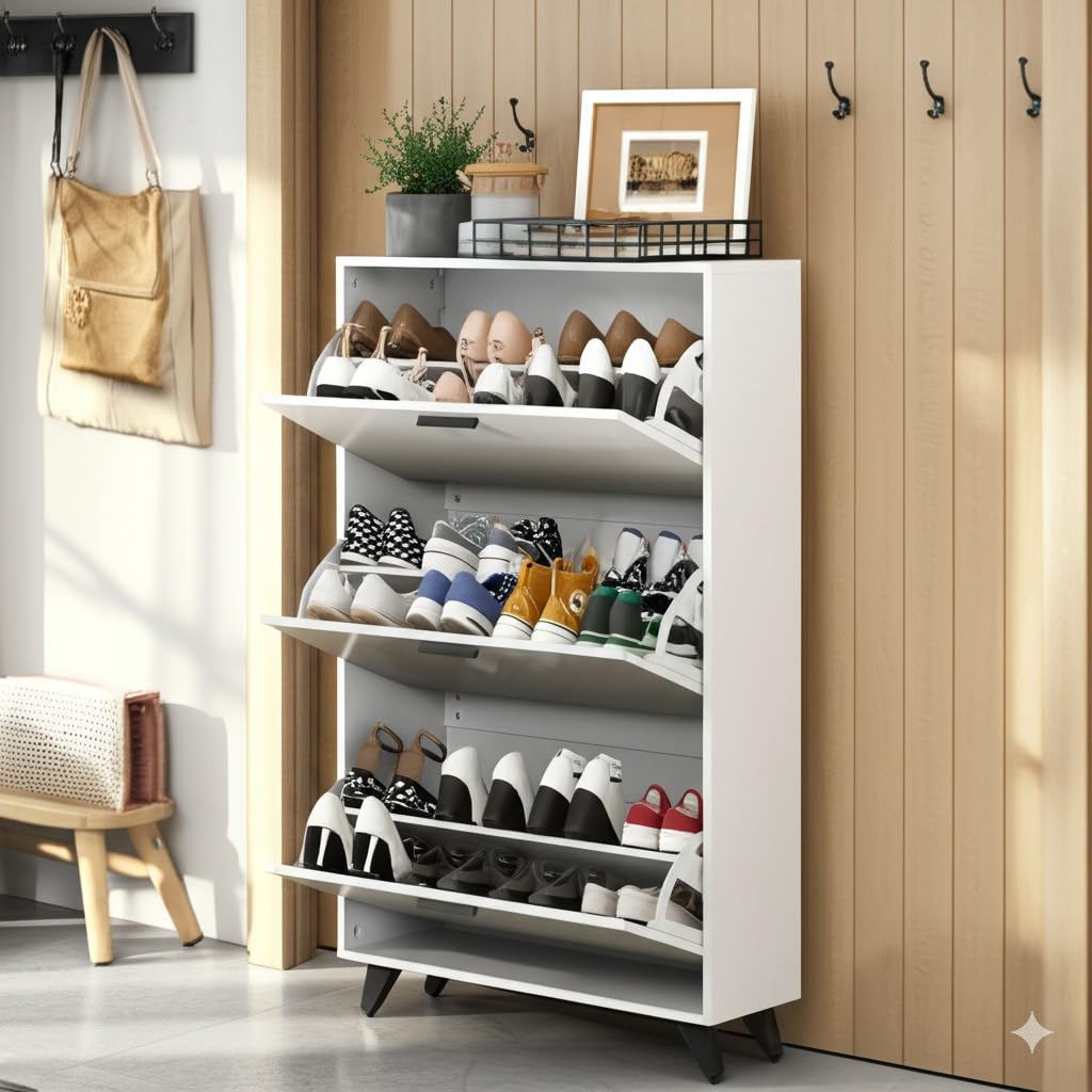 Anystyle White Shoe Storage Cabinet for Large Shoes, 3-Tier Adjustable Flip-Door Organizer, Space-Saving Wooden Cabinet for Entryway, Closet, Living Room, 31.5" W x 49.2" H