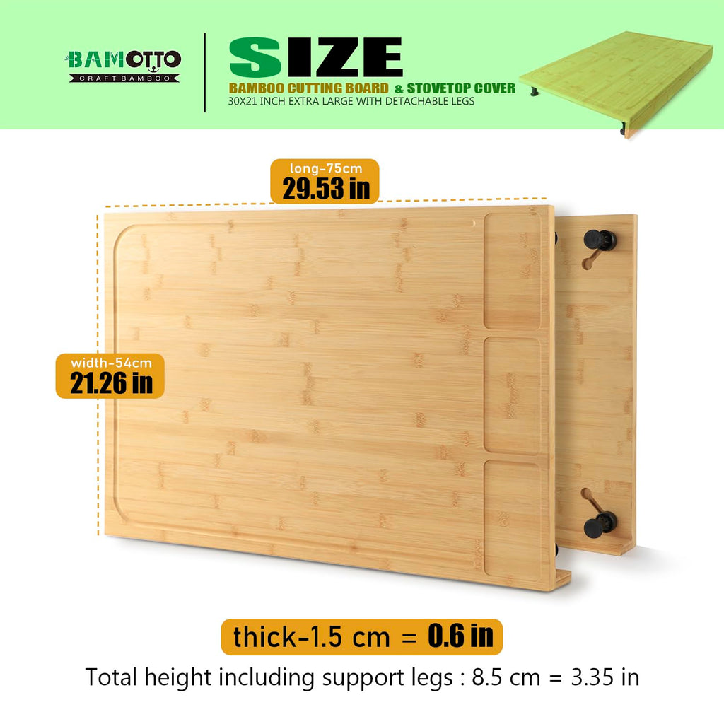 30 x 21 in Extra Large Bamboo Cutting Board and Stovetop Cover, Stove Top Cover Chopping Board with Detachable Legs and Juice Groove, Sink Cover Board, for Restaurant Kitchen Countertop