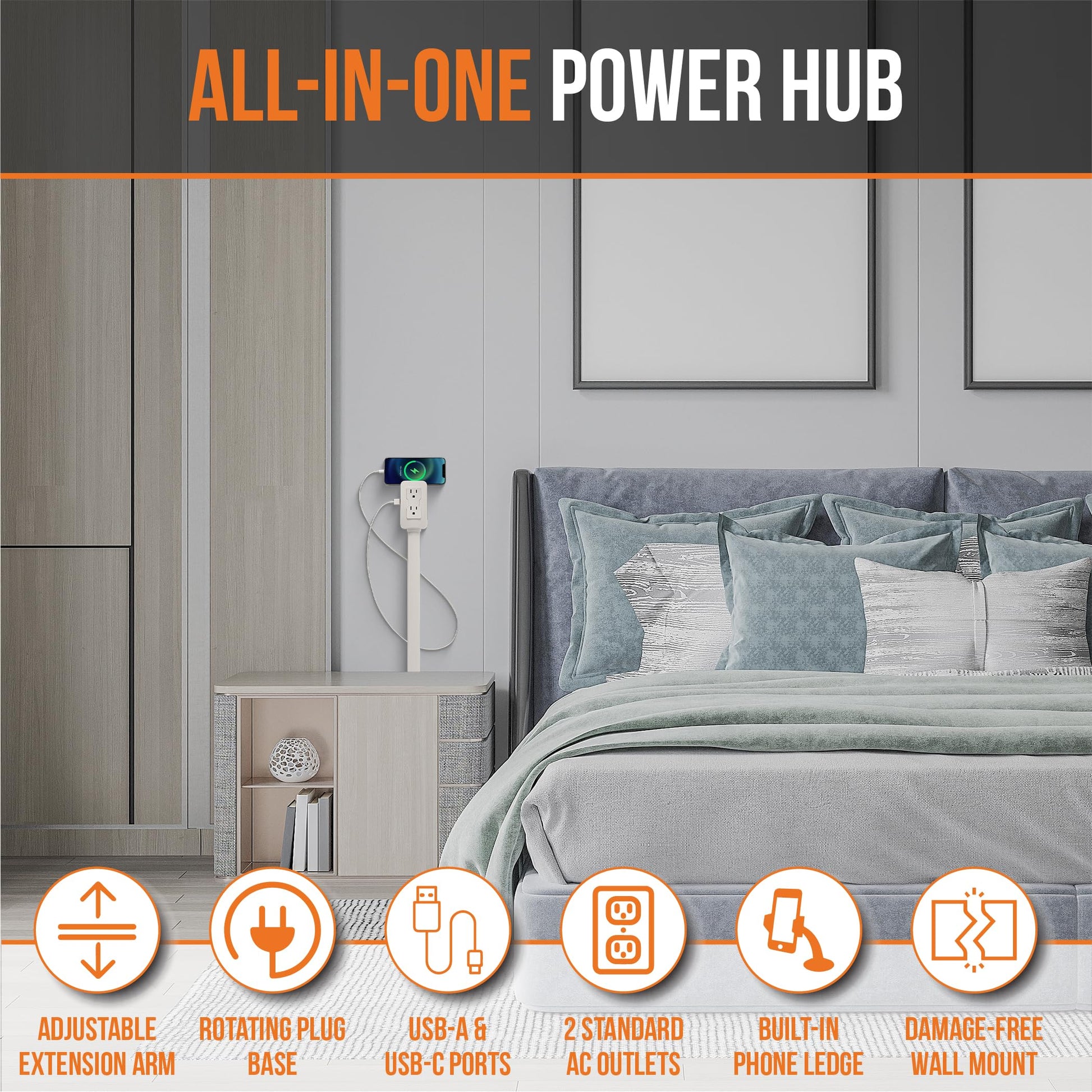 EZ Outlet Electrical Outlet Extender. Access Hard-to-Reach Outlets! Features USB-A, USB-C, and 2 AC Outlets, Extends 22"-34", Rotates 180°. Use Behind Couches, Nightstands, Desks, and More.